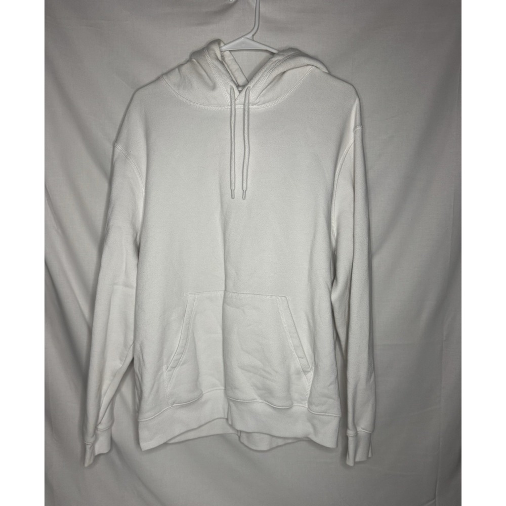 H&M Men's White Solid Pullover Hoodie XL Regular Drawstring Kangaroo Pocket